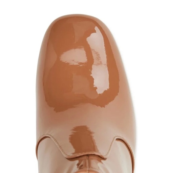 Madden NYC Caramel Tan Patent Leather Side Zip Block Heeled Almond Toe Bootie - Picture 8 of 15